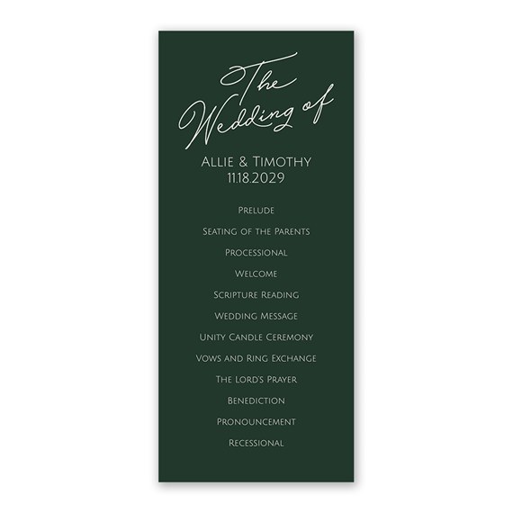 tall wedding program with dark green background and white text