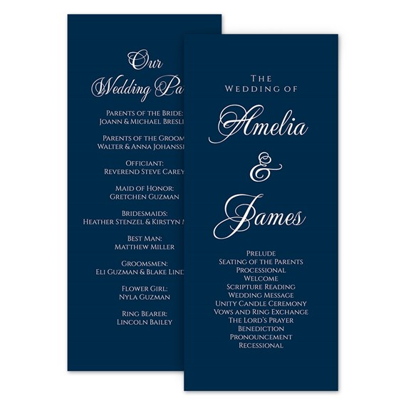 navy wedding program with white text