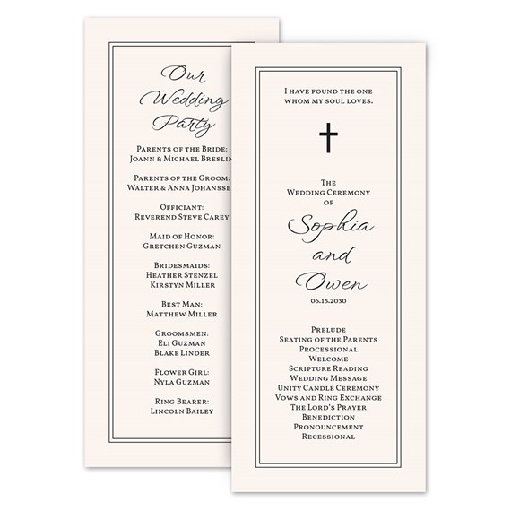 wedding program with text and cross graphic