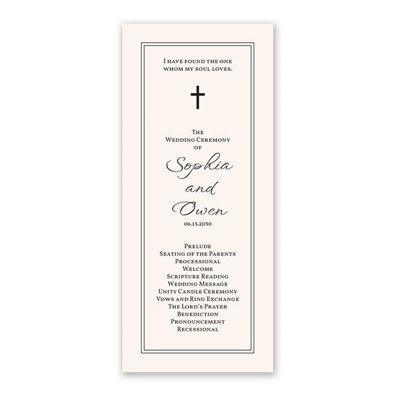 wedding program with text and cross icon, customizable text area