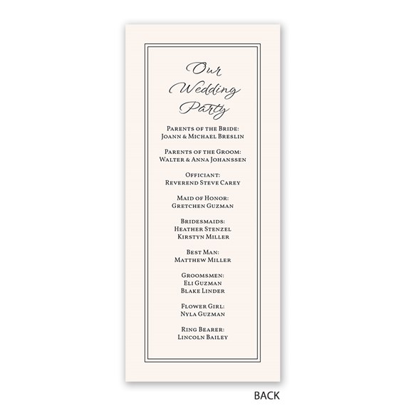 tall wedding program with decorative border and text