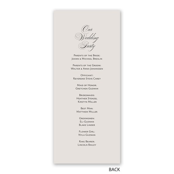 wedding program with names and roles listed, beige background
