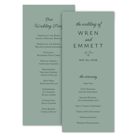 two-sided wedding program with names and ceremony details