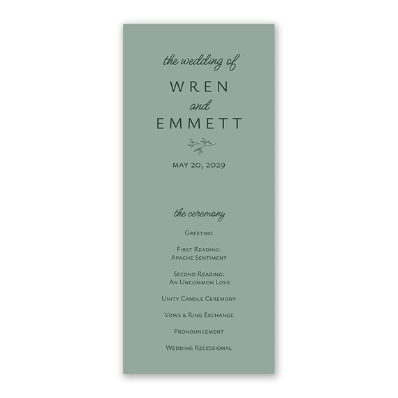wedding program with ceremony details, photo placeholder