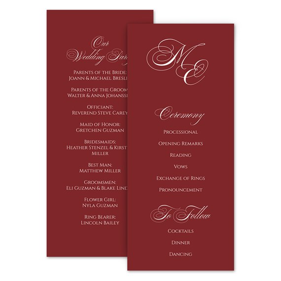 wedding program with monogram and ceremony details