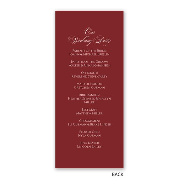 burgundy wedding program with white text