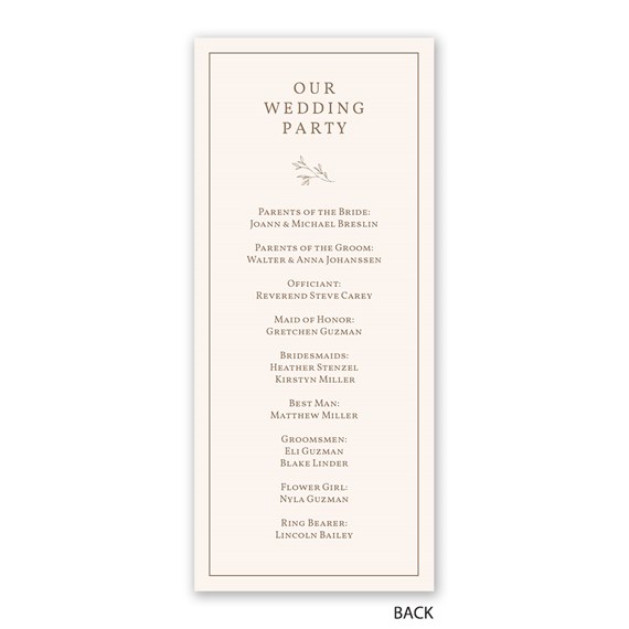 wedding program with names and floral design