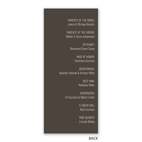 wedding program with roles listed in white text on dark brown background