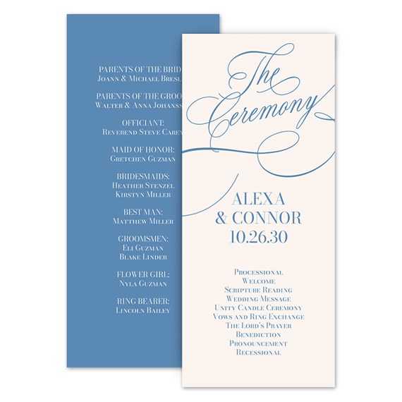 wedding program with blue and cream design, text layout