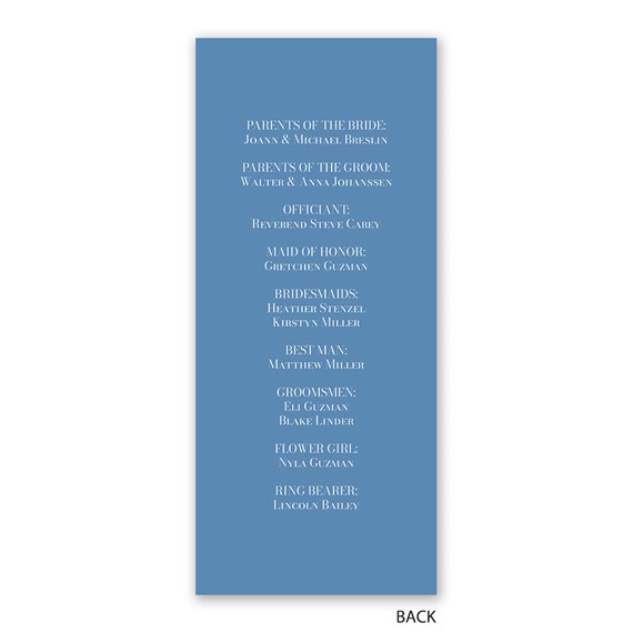 wedding program with calligraphy text on blue background