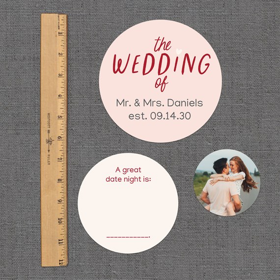 circular wedding confetti design with text and photo areas