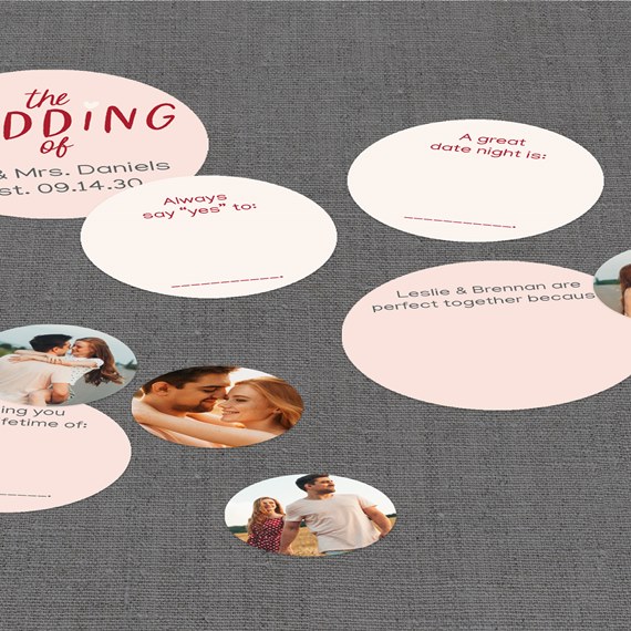 circular design with text and photo placeholders on gray background