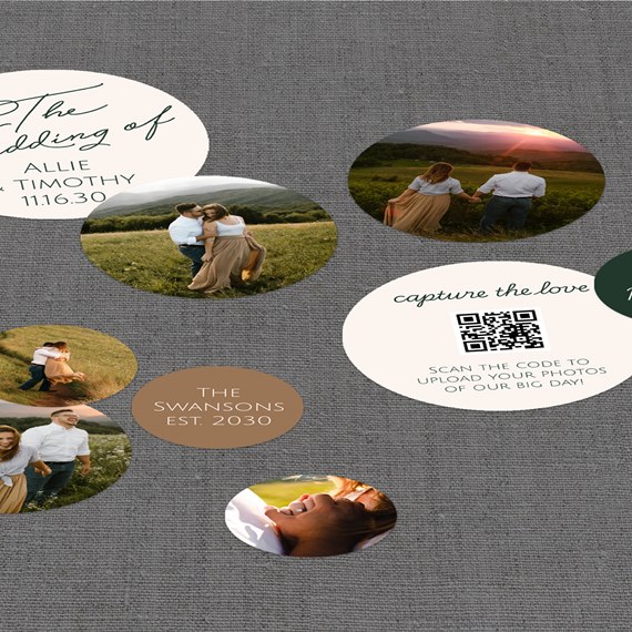 multiple photo placeholders with decorative text and QR code