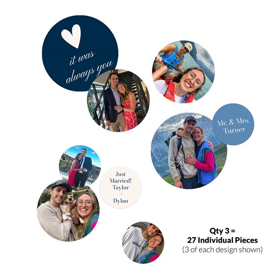 confetti design with circular photo placeholders and text