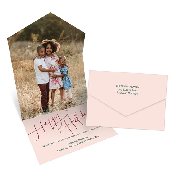 holiday card with photo area and pink envelope
