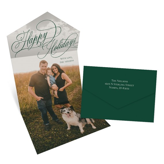 holiday card with photo area and dark green envelope