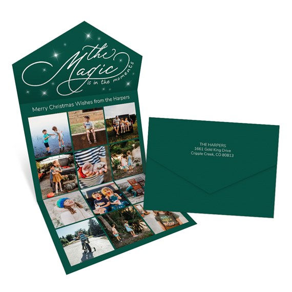 seal and send Christmas card with photo placeholders and green envelope