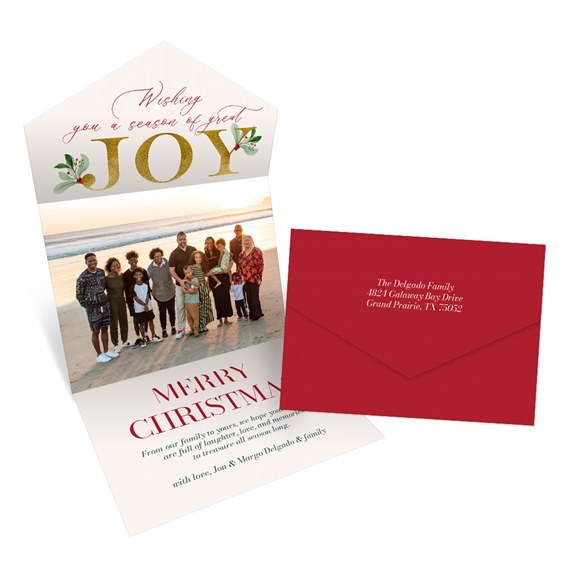 Christmas card with gold glitter text and red envelope, photo area
