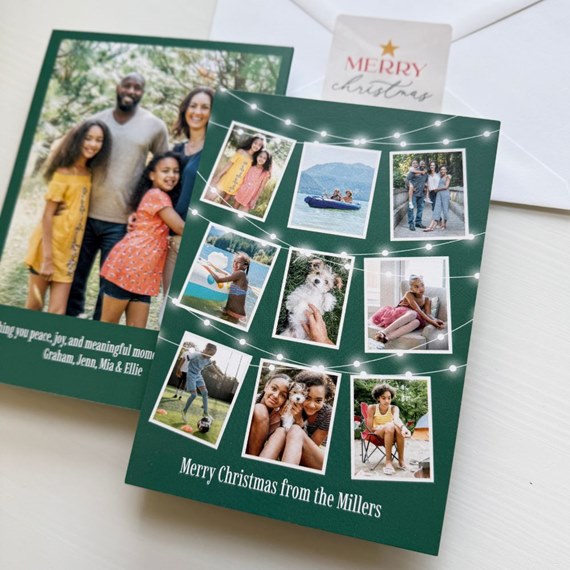 Christmas card with photo placeholders and string lights