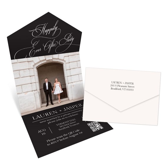 black reception invitation with photo area and off-white envelope