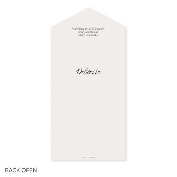 cream save-the-date card with pointed top and text area