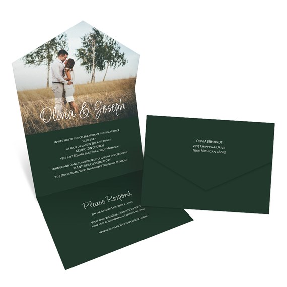 green wedding invitation with photo area and matching envelope