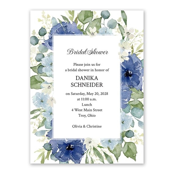 floral bridal shower invitation with blue blooms and white text area