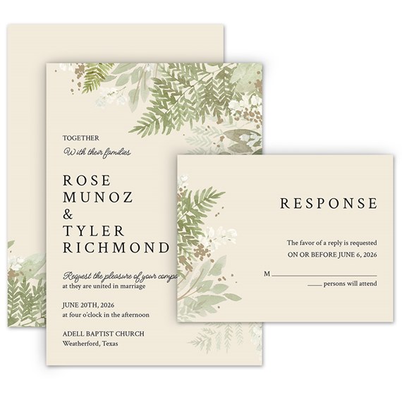 floral invitation and response postcard design with fern motifs