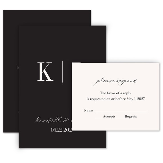 black invitation card with response postcard
