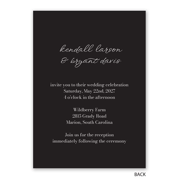 black wedding invitation with white text