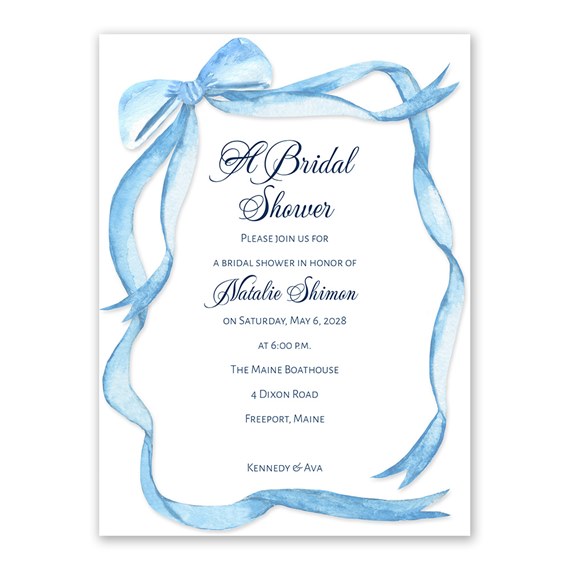 blue ribbon bridal shower invitation with customizable text area