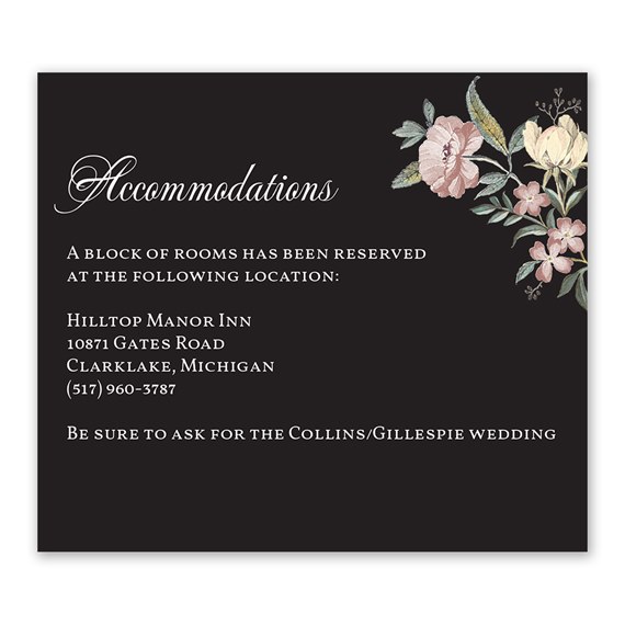 accommodation information card with floral design on black background