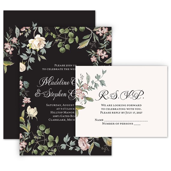 floral invitation and RSVP postcard with black background and light floral design