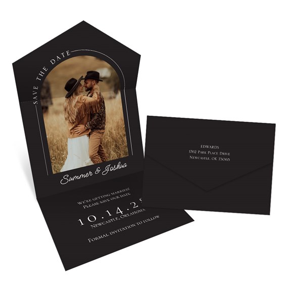 arched photo area, save the date card, black envelope