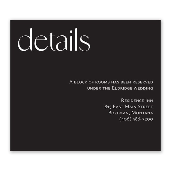black information card with text details