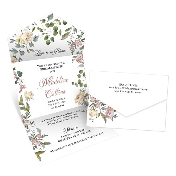 bridal shower invitation with floral design and envelopes