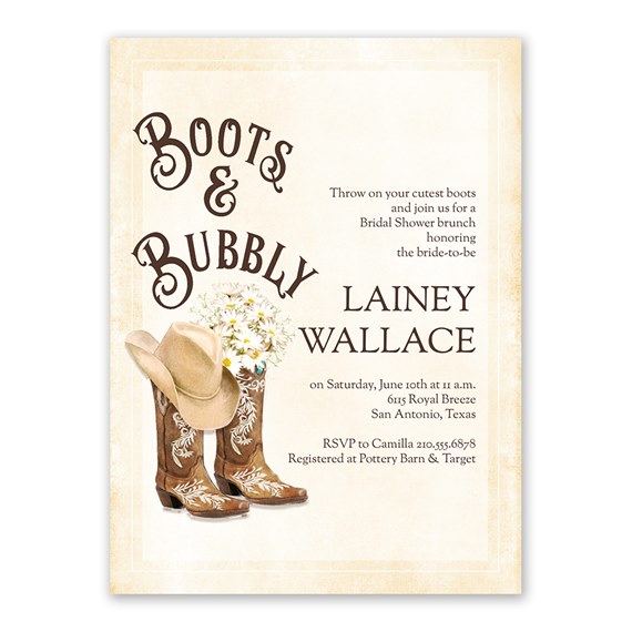 bridal shower invitation with cowboy boots and flowers