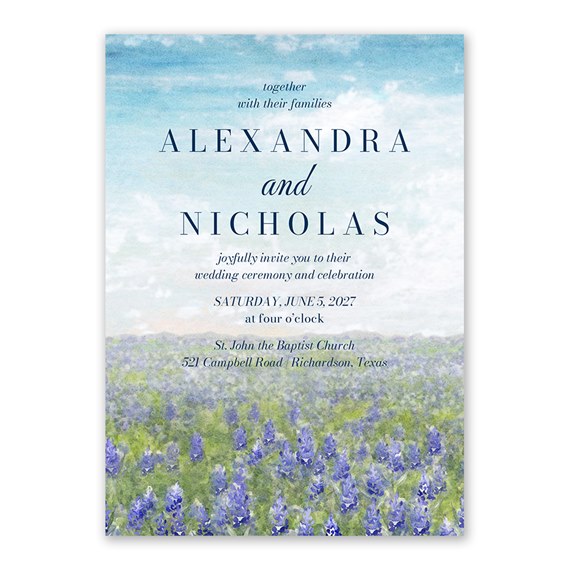 watercolor wedding invitation with bluebonnet flowers