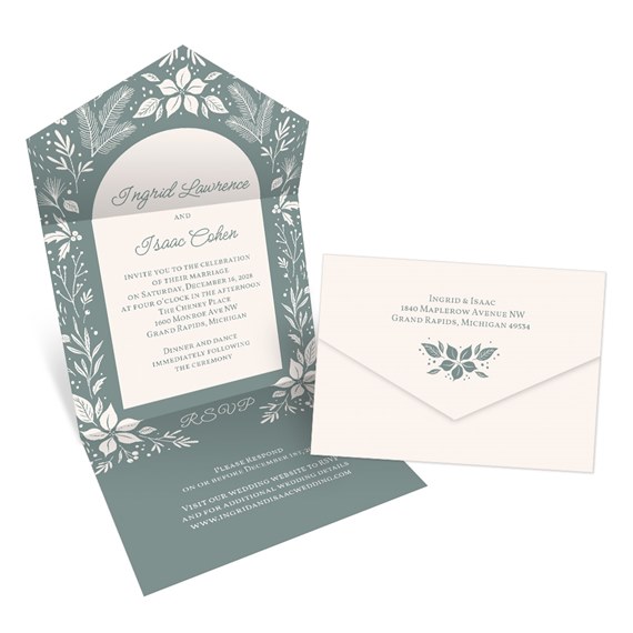 floral invitation and envelope with teal and white design