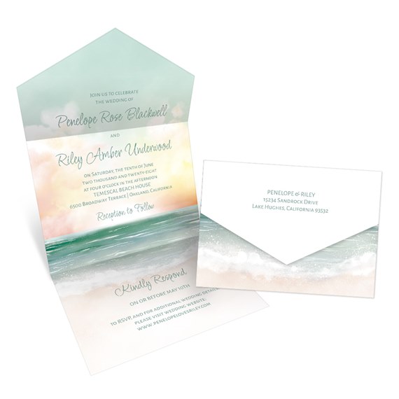 ocean sunset wedding invitation with envelope