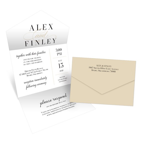 modern invitation with photo area and beige envelope