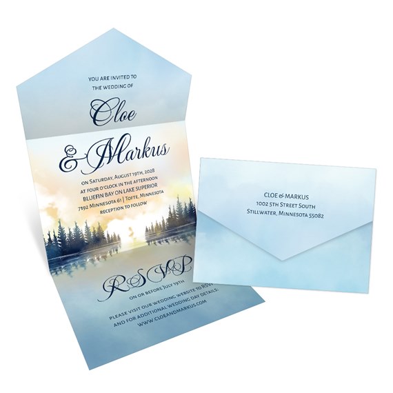 wedding invitation with lake scene and photo area
