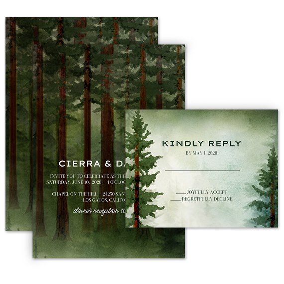 invitation with redwood trees and response postcard