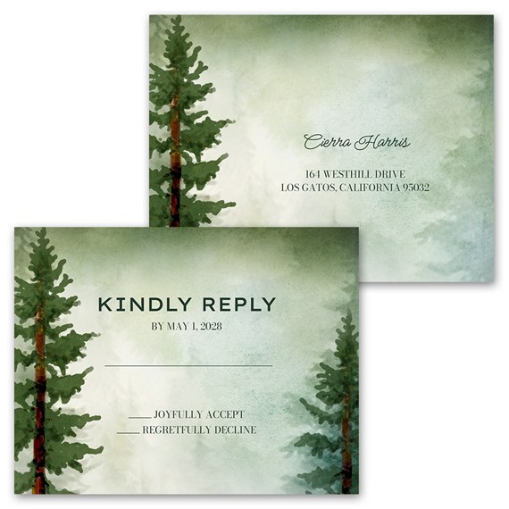 invitation and response postcard with evergreen tree illustrations