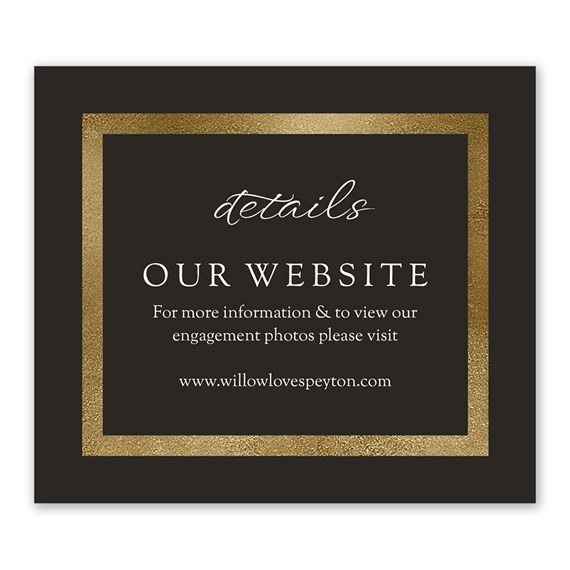 gold border information card with details and website text