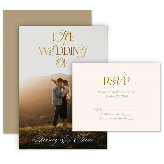 gilded wedding invitation and RSVP card with customizable text area