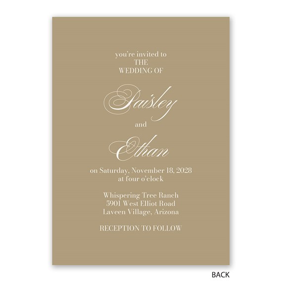 elegant wedding invitation on beige background with white text