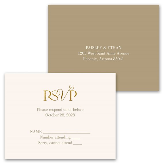 RSVP card with gold text and taupe background