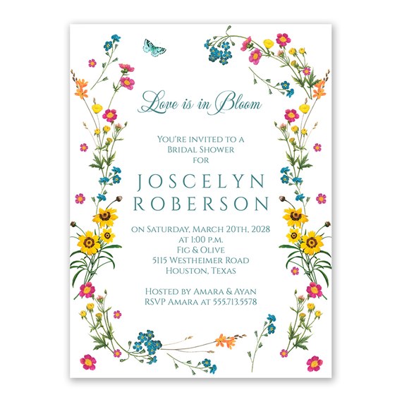floral bridal shower invitation with colorful flowers and butterfly