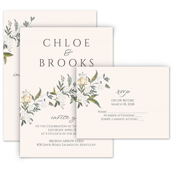 floral wedding invitation and RSVP postcard set